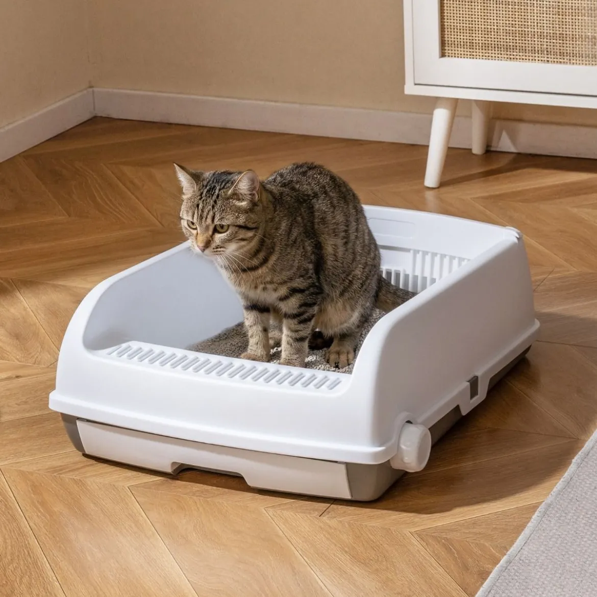 Halbautomatische Katzenstreu-Box mit Offenem Deckel & Schubladen-Tablett & Schiebeschaufel Weiß