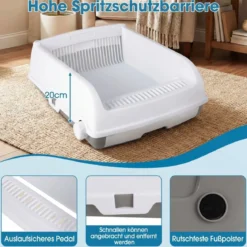 Halbautomatische Katzenstreu-Box mit Offenem Deckel & Schubladen-Tablett & Schiebeschaufel Weiß