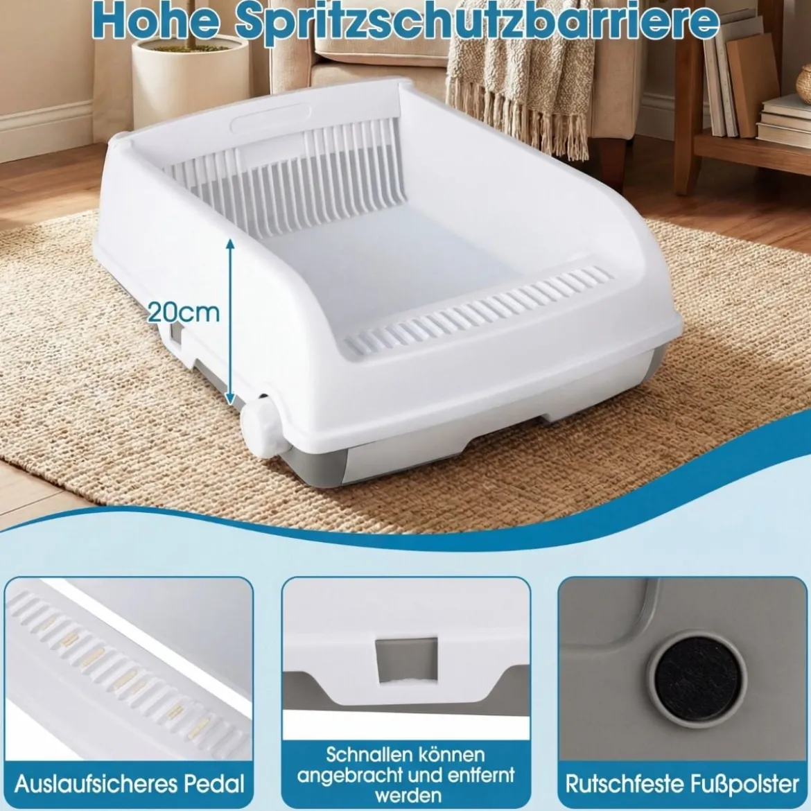 Halbautomatische Katzenstreu-Box mit Offenem Deckel & Schubladen-Tablett & Schiebeschaufel Weiß