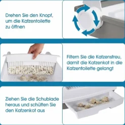 Halbautomatische Katzenstreu-Box mit Offenem Deckel & Schubladen-Tablett & Schiebeschaufel Weiß