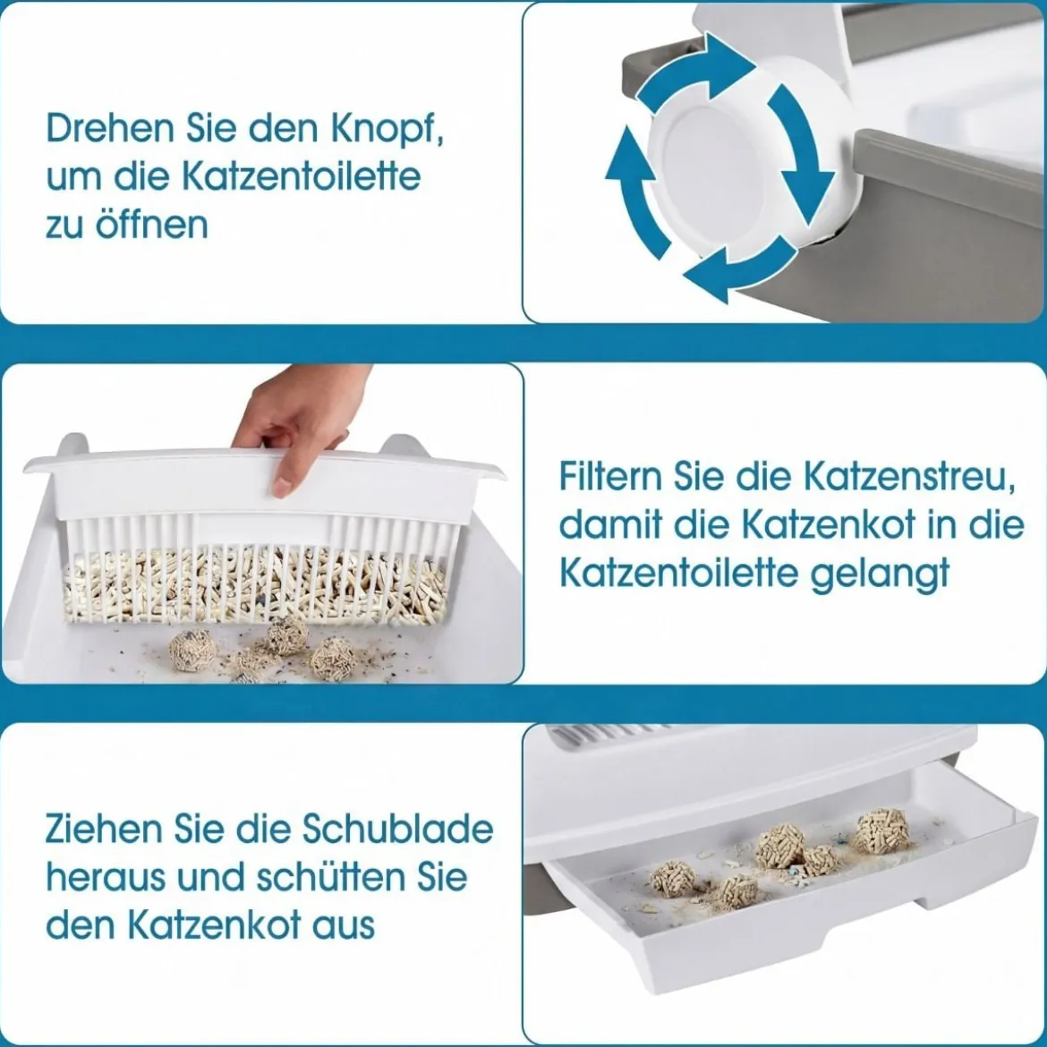 Halbautomatische Katzenstreu-Box mit Offenem Deckel & Schubladen-Tablett & Schiebeschaufel Weiß