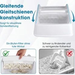 Halbautomatische Katzenstreu-Box mit Offenem Deckel & Schubladen-Tablett & Schiebeschaufel Weiß