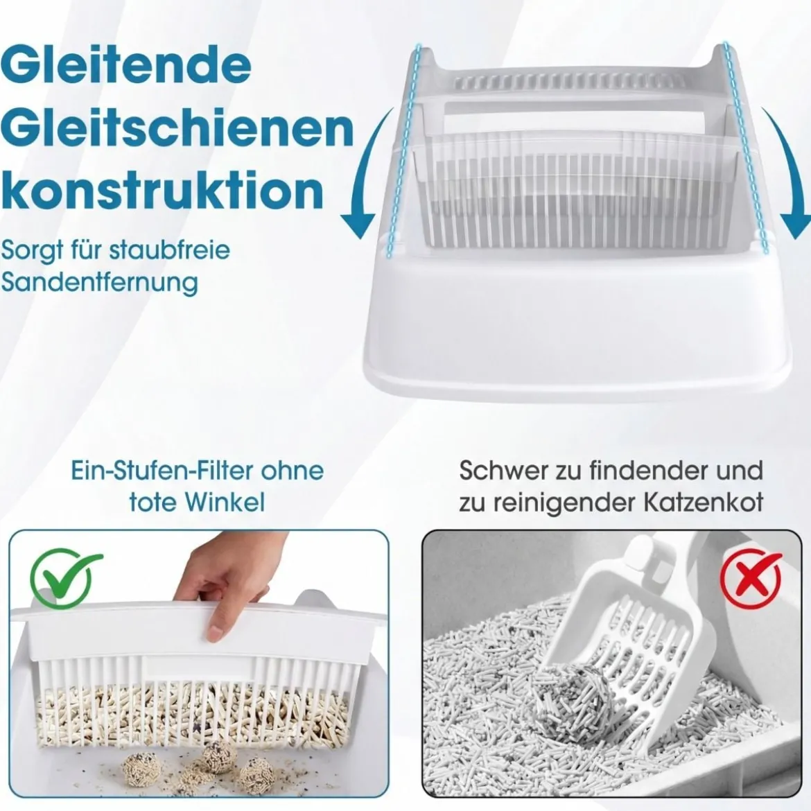 Halbautomatische Katzenstreu-Box mit Offenem Deckel & Schubladen-Tablett & Schiebeschaufel Weiß