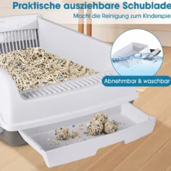 Halbautomatische Katzenstreu-Box mit Offenem Deckel & Schubladen-Tablett & Schiebeschaufel Weiß