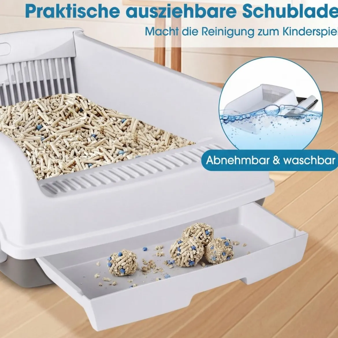 Halbautomatische Katzenstreu-Box mit Offenem Deckel & Schubladen-Tablett & Schiebeschaufel Weiß
