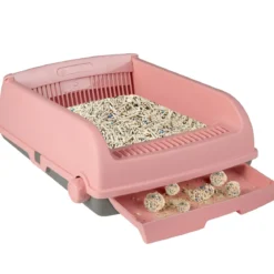 Halbautomatische Katzenstreu-Box mit offenem Deckel spritzgeschützte Katzentoilette Rosa