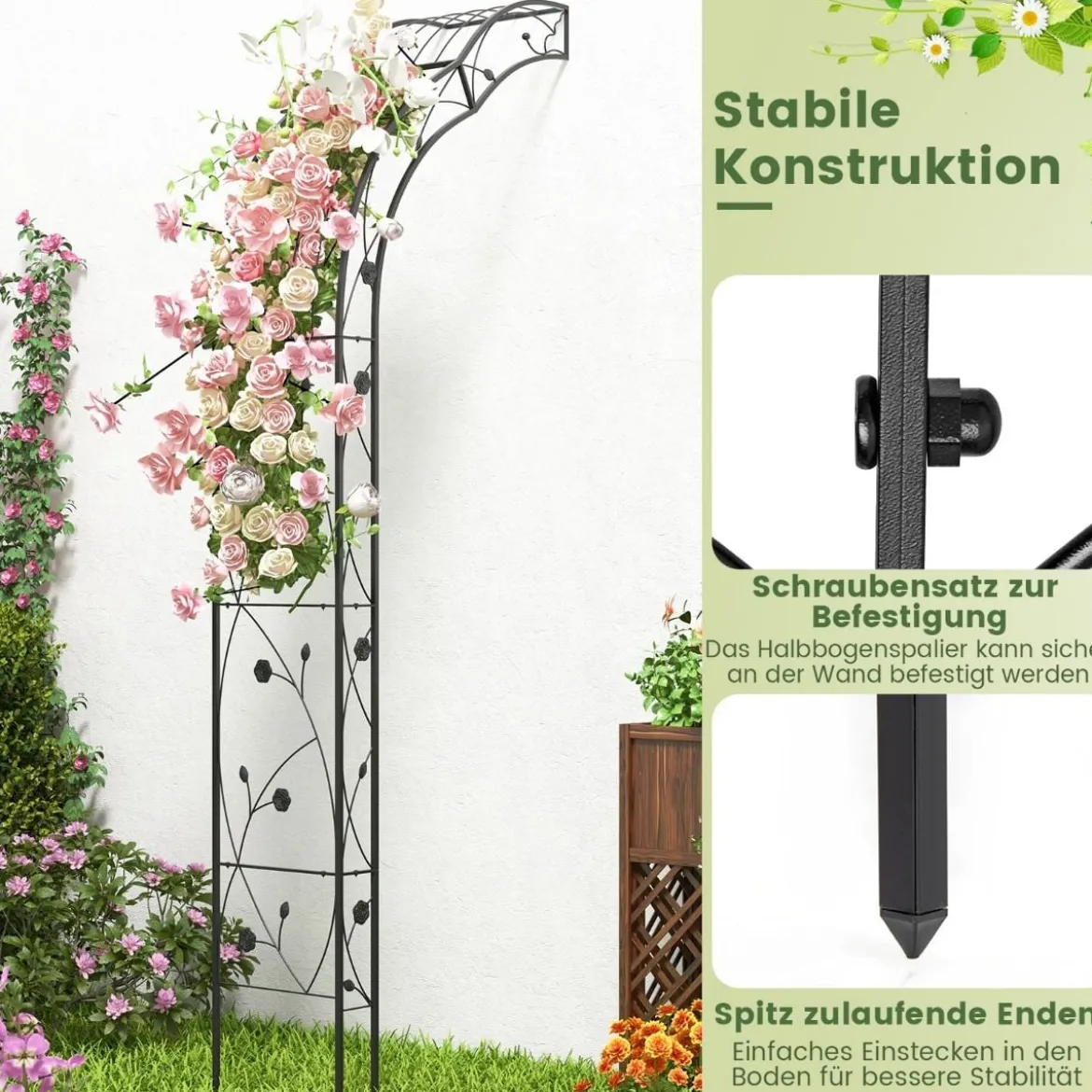 2 Halbrund Rosenbogen Metall Gartenbogen Halbbögen Torbogen 150 x 39 x 250 cm Schwarz
