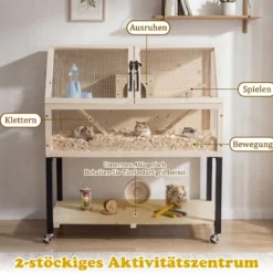 Hamsterkäfig aus Holz mit Rollen & Transparenten Acrylplatten 2-stöckiger Nagerkäfig 87 x 42 x 101 cm Natur
