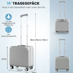 16” Handgepäck 34L Rollkoffer mit Laptopfach & Spinnerrädern 43 x 24 x 44 cm Silber