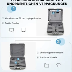 16” Handgepäck 34L Rollkoffer mit Laptopfach & Spinnerrädern 43 x 24 x 44 cm Silber