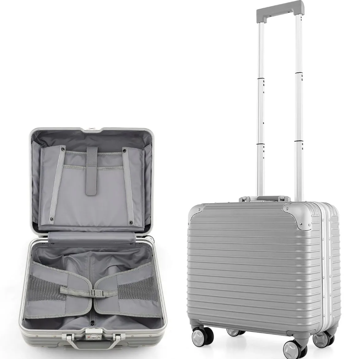 16” Handgepäck 34L Rollkoffer mit Laptopfach & Spinnerrädern 43 x 24 x 44 cm Silber