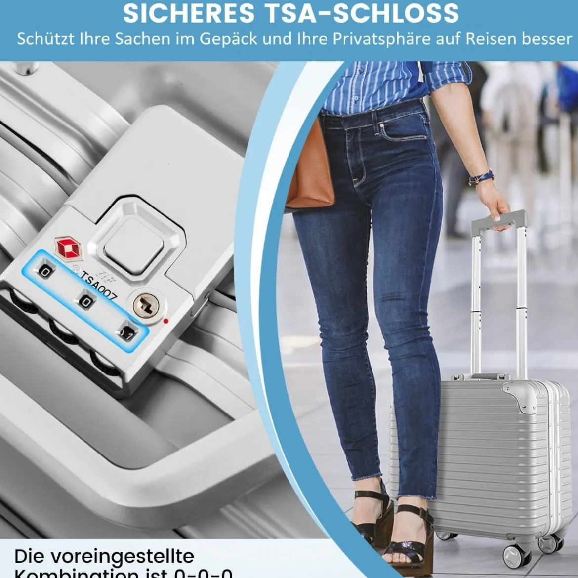 16” Handgepäck 34L Rollkoffer mit Laptopfach & Spinnerrädern 43 x 24 x 44 cm Silber