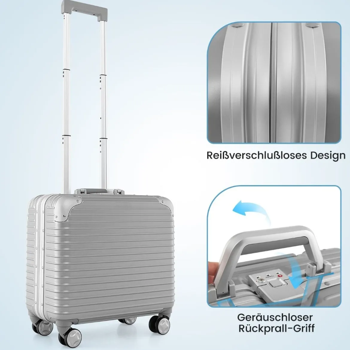 16” Handgepäck 34L Rollkoffer mit Laptopfach & Spinnerrädern 43 x 24 x 44 cm Silber