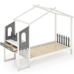 Hausbett mit Schreibtisch & Schubladen & Haken Kinderbett in Hausform mit Lattenrost