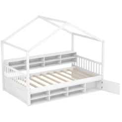 Hausbett 200 x 90 cm Kinderbett in Hausform mit Rausfallschutz & Lattenrost mit 14 Fächern Weiß