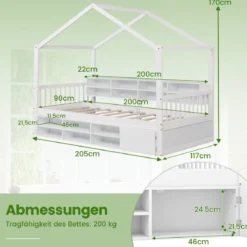 Hausbett 200 x 90 cm Kinderbett in Hausform mit Rausfallschutz & Lattenrost mit 14 Fächern Weiß