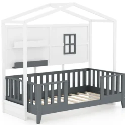 Hausbett 90 x 200 cm Kinderbett mit Rausfallschutz und 2 Regalen Holzbett in Hausform mit Fenster Weiß + Grau