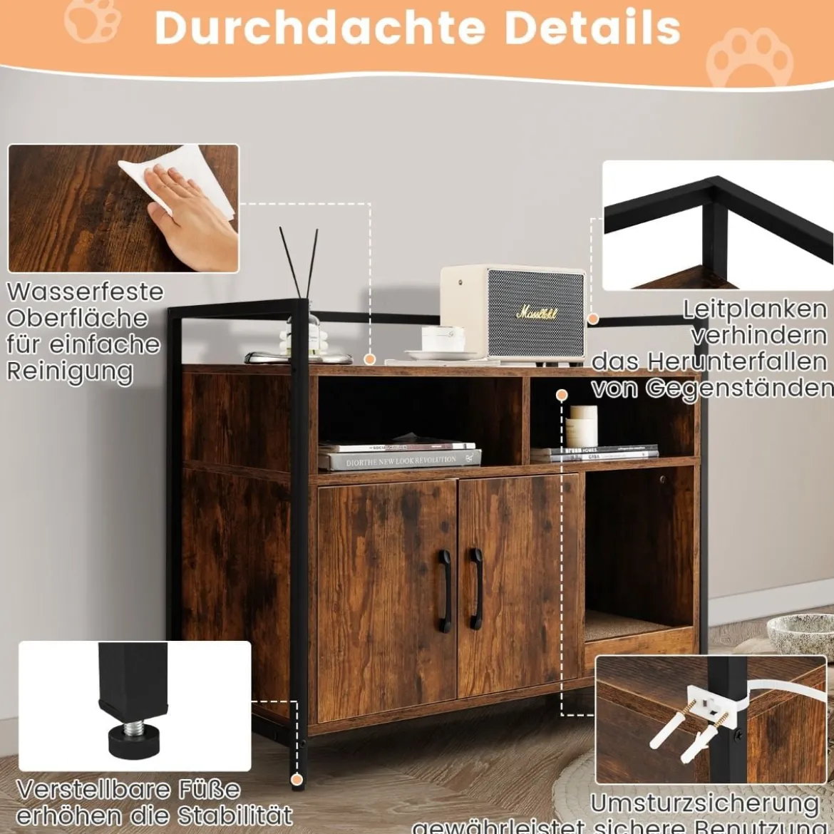 Haustierkiste Katzenschrank mit Doppeltüren & Kratzunterlage 89 x 45 x 74,5 cm