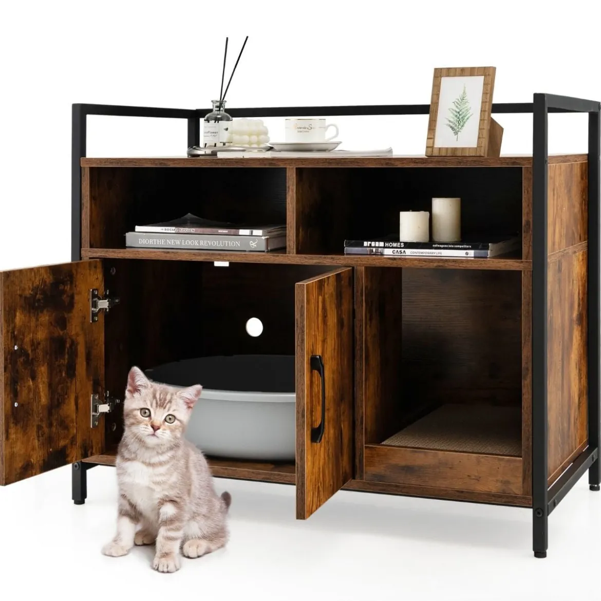 Haustierkiste Katzenschrank mit Doppeltüren & Kratzunterlage 89 x 45 x 74,5 cm