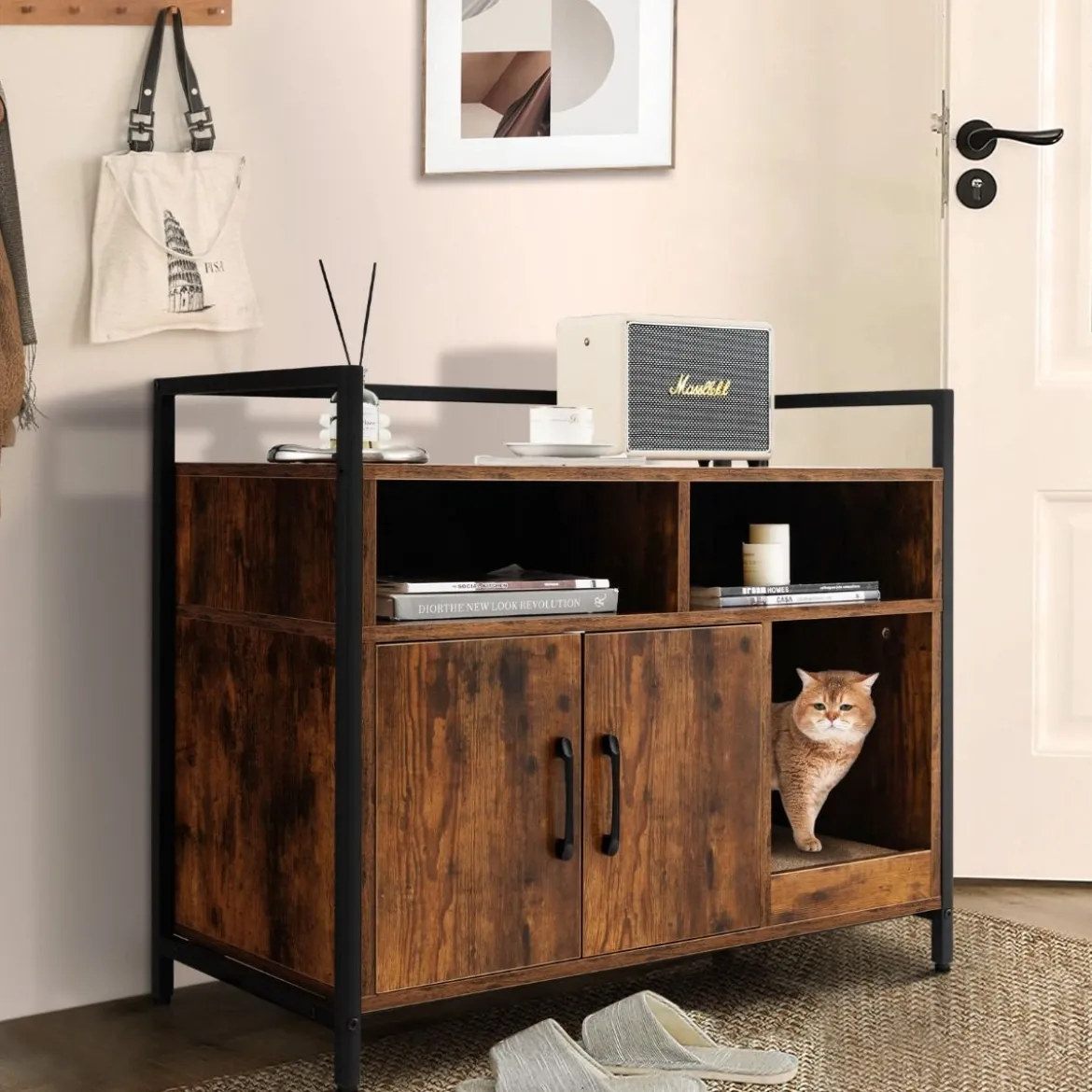 Haustierkiste Katzenschrank mit Doppeltüren & Kratzunterlage 89 x 45 x 74,5 cm