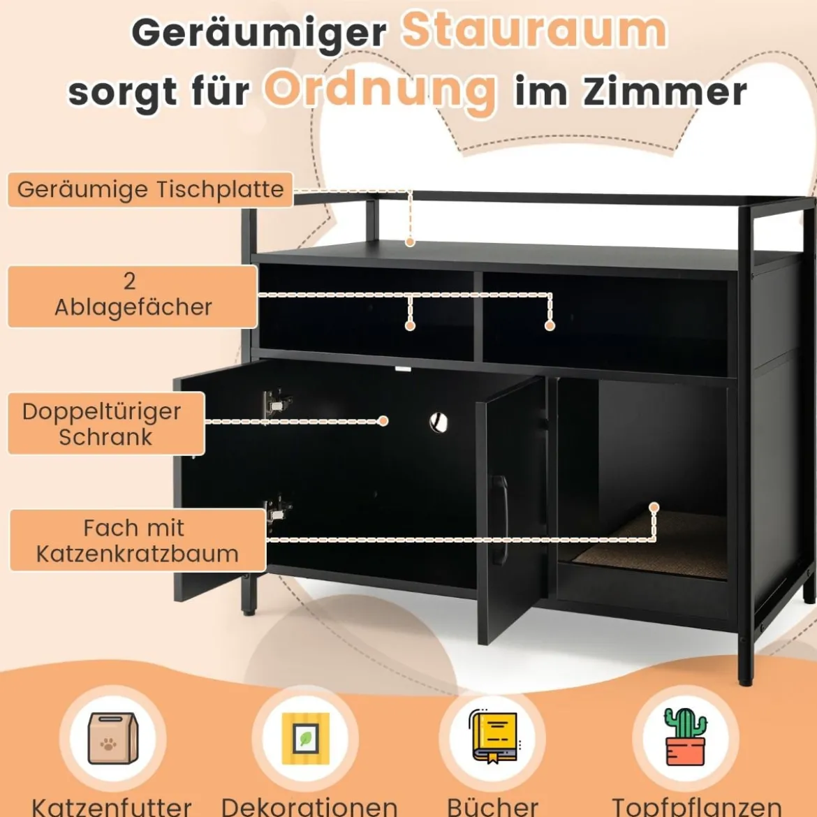 Haustierkiste Katzenschrank mit Doppeltüren & Kratzunterlage 89 x 45 x 74,5 cm