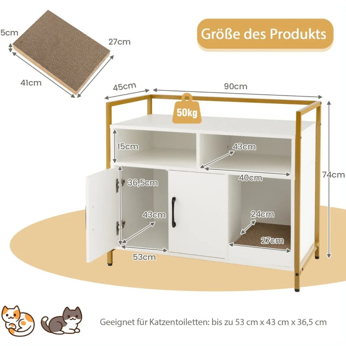 Haustierkiste Katzenschrank mit Doppeltüren & Kratzunterlage 89 x 45 x 74,5 cm