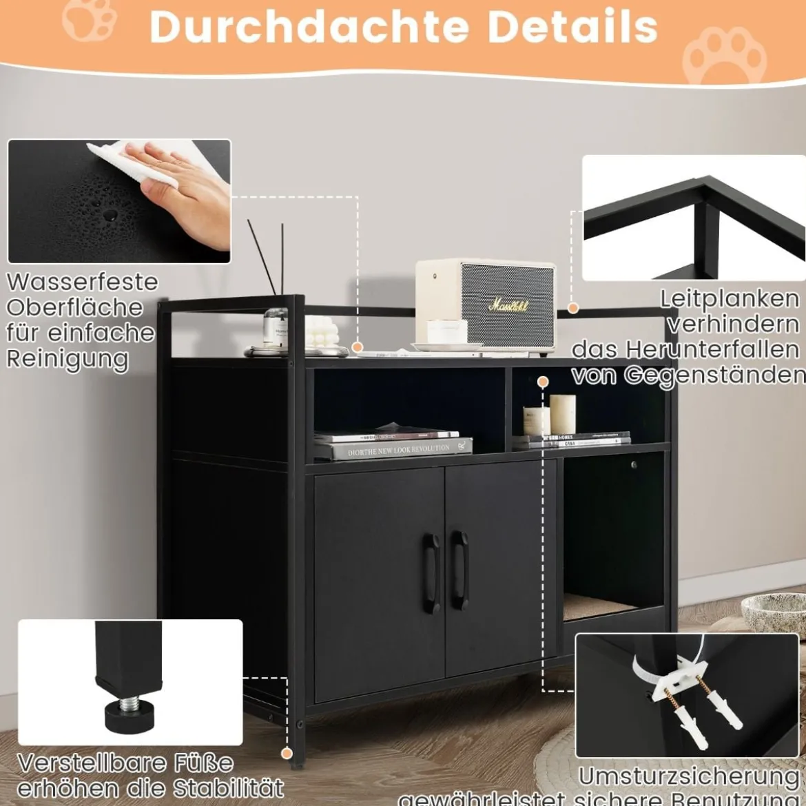 Haustierkiste Katzenschrank mit Doppeltüren & Kratzunterlage 89 x 45 x 74,5 cm