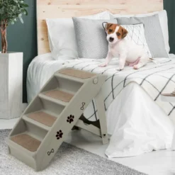 Haustiertreppe mit 4 Stufen Tragbare Kletterleiter Sichere Hunderampe 62,5 x 38 x 49 cm Grau
