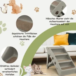 Haustiertreppe mit 4 Stufen Tragbare Kletterleiter Sichere Hunderampe 62,5 x 38 x 49 cm Grau