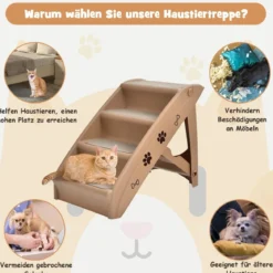 Haustiertreppe mit 4 Stufen Tragbare Kletterleiter Sichere Hunderampe 62,5 x 38 x 49 cm Braun