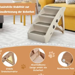Haustiertreppe mit 4 Stufen Tragbare Kletterleiter Sichere Hunderampe 62,5 x 38 x 49 cm Braun