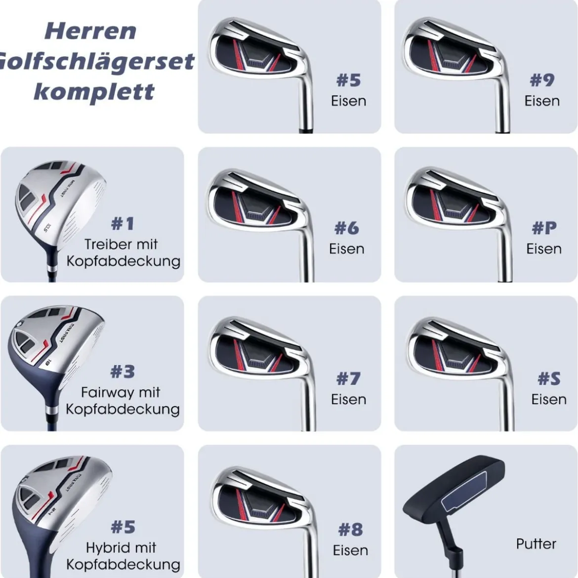 Herren Golfschläger Set 11 teilige Golfschlägersätze rechtshändig mit Regenhaube Blau