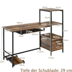 H-förmiger Computertisch mit 2 Schubladen & Tastaturauszug 141 x 51 x 112 cm Braun