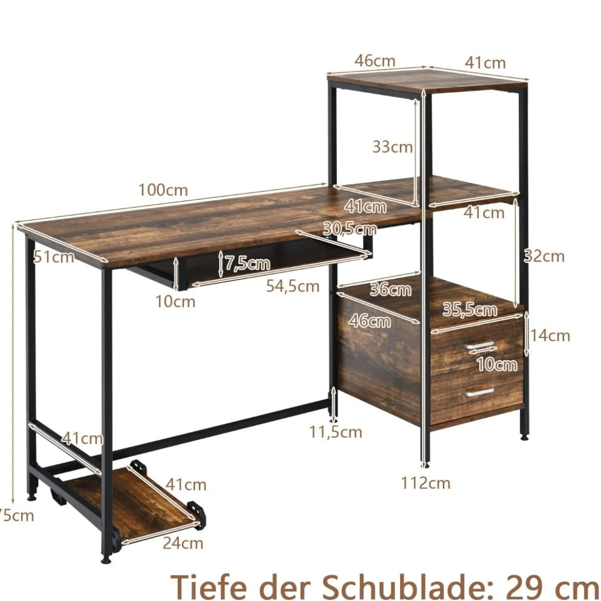 H-förmiger Computertisch mit 2 Schubladen & Tastaturauszug 141 x 51 x 112 cm Braun