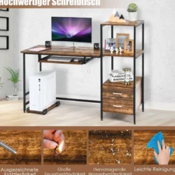 H-förmiger Computertisch mit 2 Schubladen & Tastaturauszug 141 x 51 x 112 cm Braun