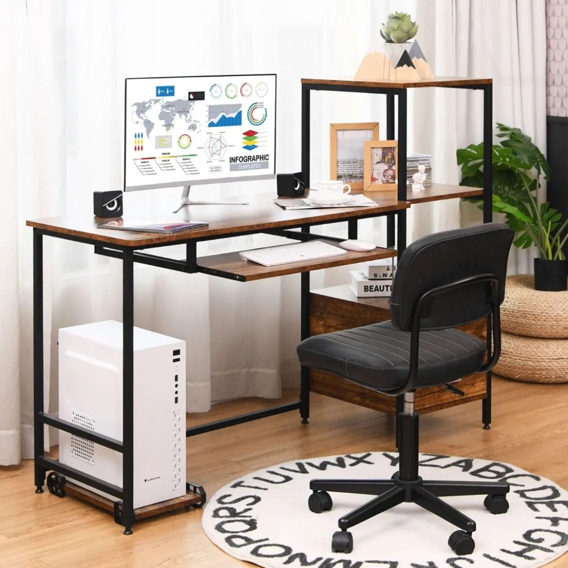 H-förmiger Computertisch mit 2 Schubladen & Tastaturauszug 141 x 51 x 112 cm Braun