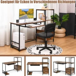 H-förmiger Computertisch mit 2 Schubladen & Tastaturauszug 141 x 51 x 112 cm Braun