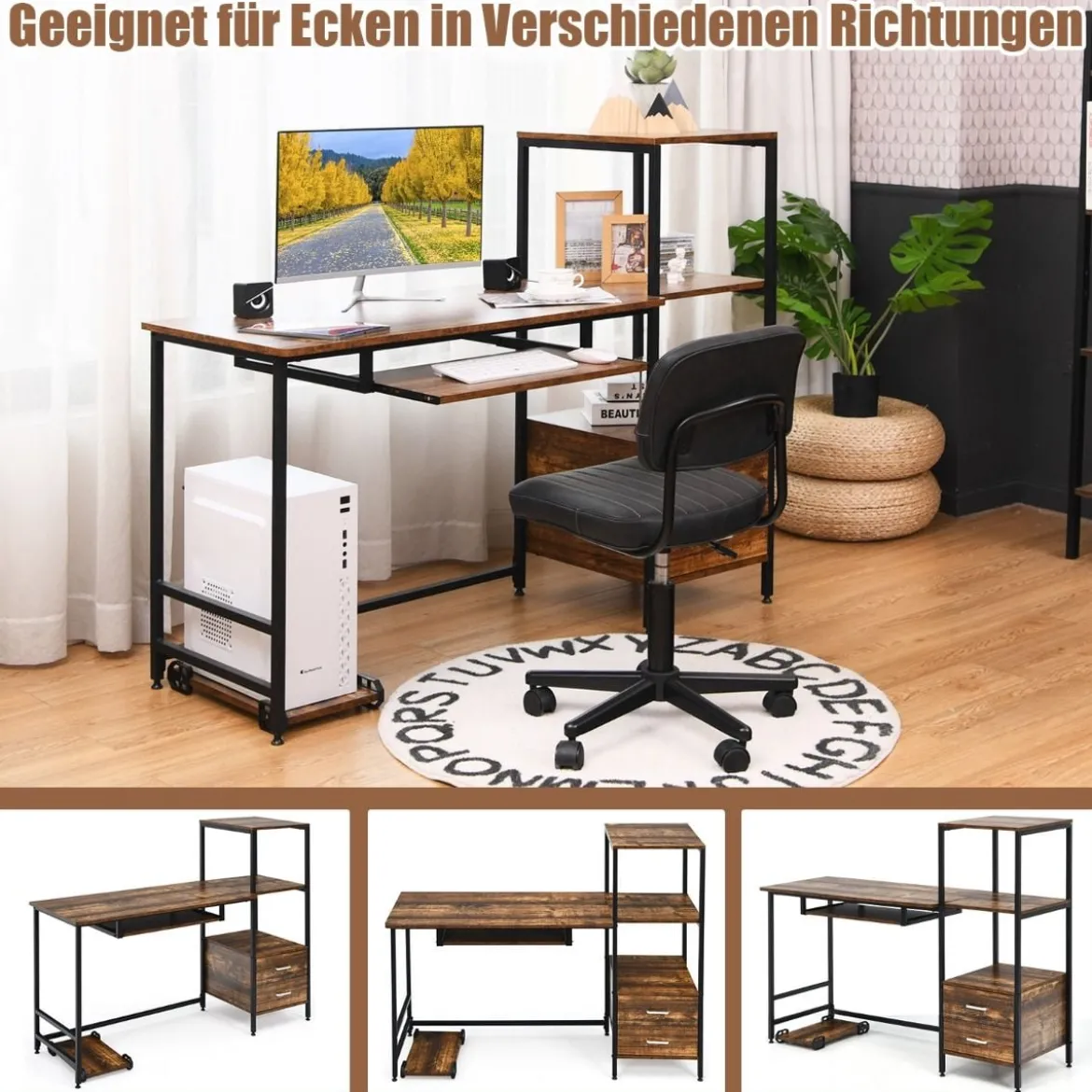 H-förmiger Computertisch mit 2 Schubladen & Tastaturauszug 141 x 51 x 112 cm Braun