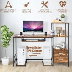 H-förmiger Computertisch mit 2 Schubladen & Tastaturauszug 141 x 51 x 112 cm Braun