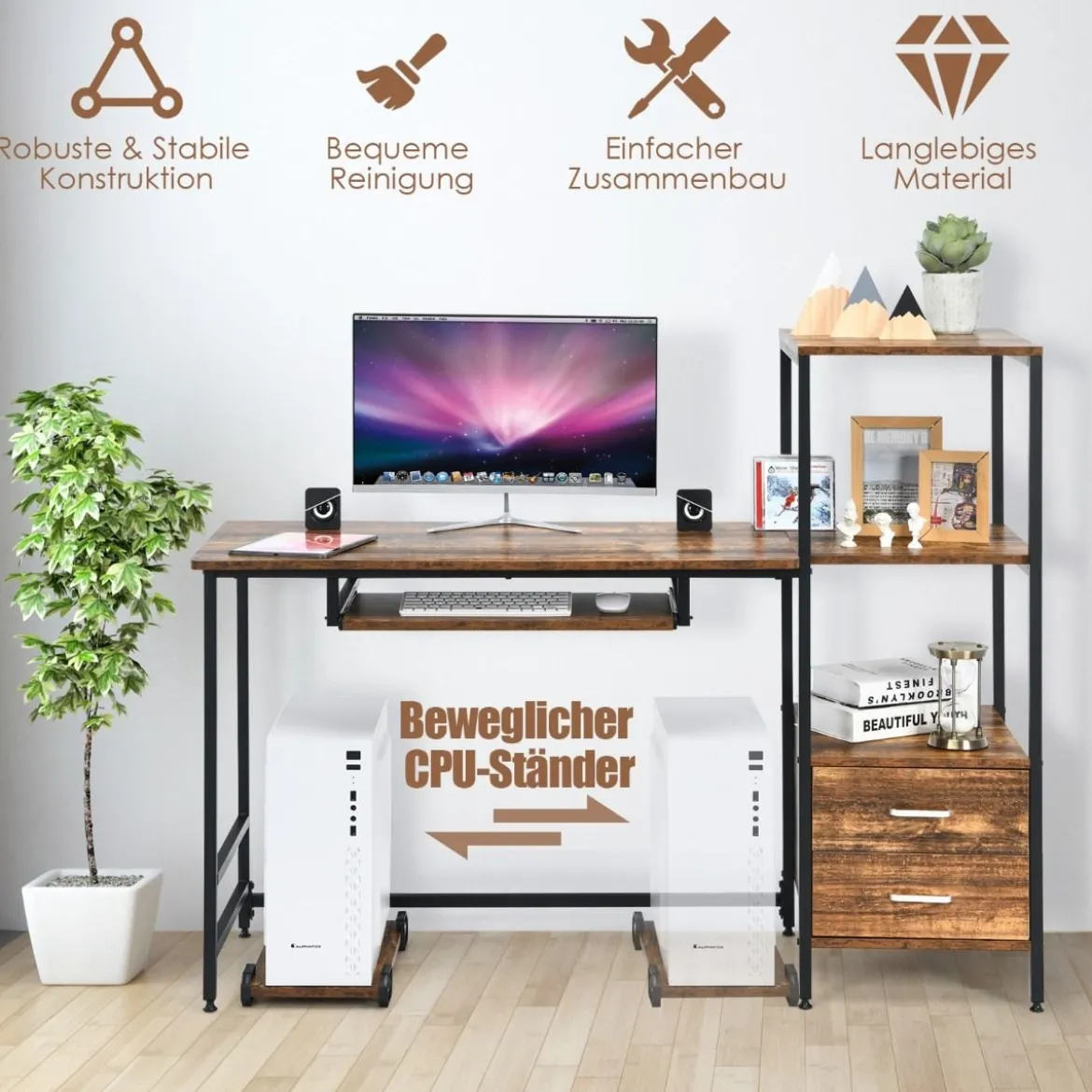 H-förmiger Computertisch mit 2 Schubladen & Tastaturauszug 141 x 51 x 112 cm Braun