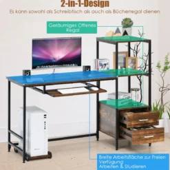 H-förmiger Computertisch mit 2 Schubladen & Tastaturauszug 141 x 51 x 112 cm Braun