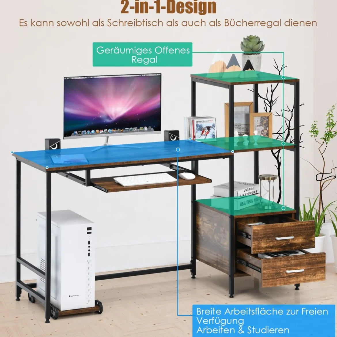 H-förmiger Computertisch mit 2 Schubladen & Tastaturauszug 141 x 51 x 112 cm Braun