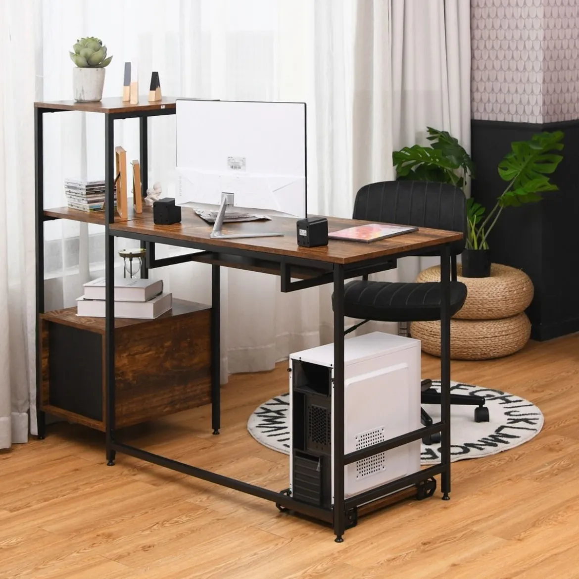 H-förmiger Computertisch mit 2 Schubladen & Tastaturauszug 141 x 51 x 112 cm Braun