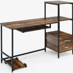 H-förmiger Computertisch mit 2 Schubladen & Tastaturauszug 141 x 51 x 112 cm Braun