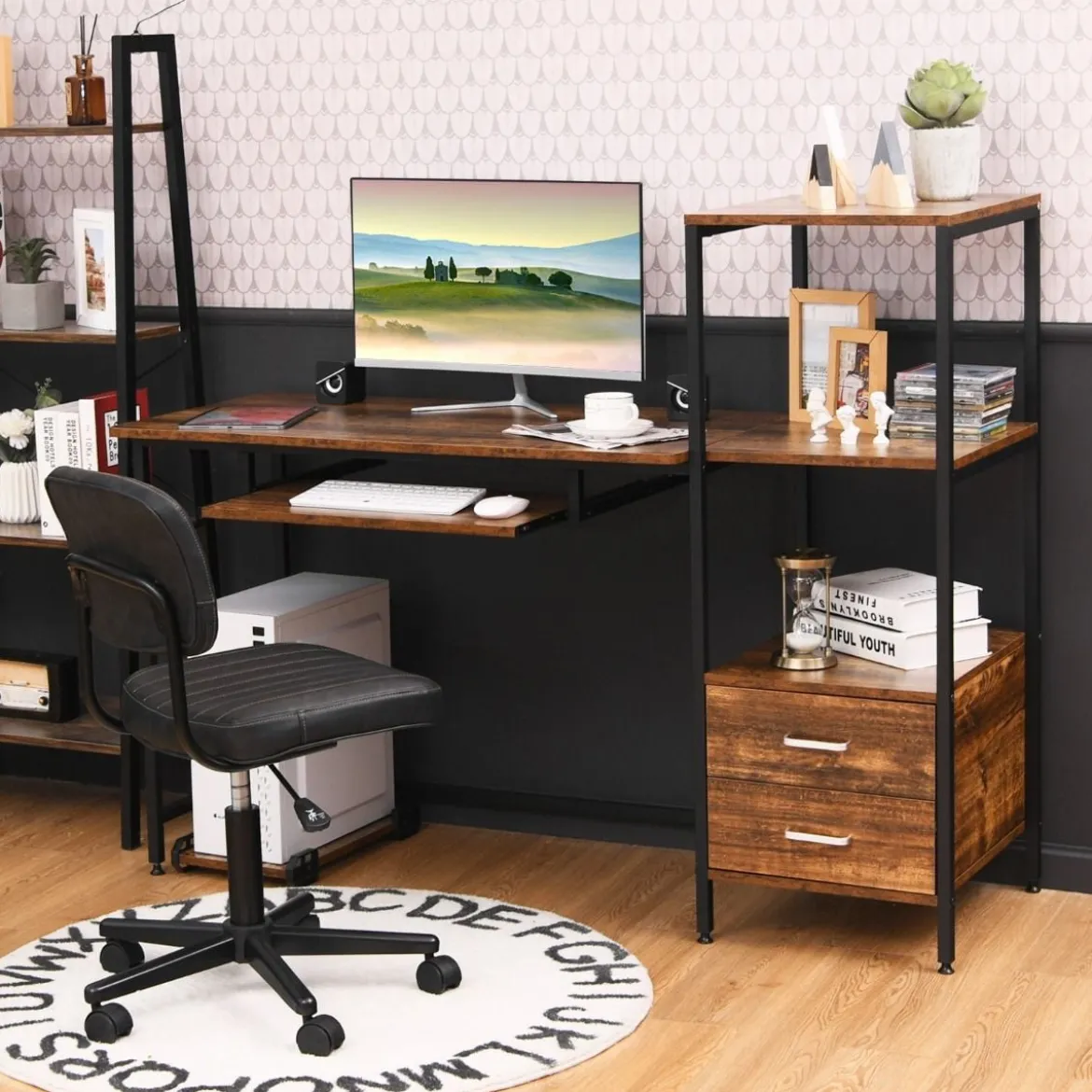 H-förmiger Computertisch mit 2 Schubladen & Tastaturauszug 141 x 51 x 112 cm Braun