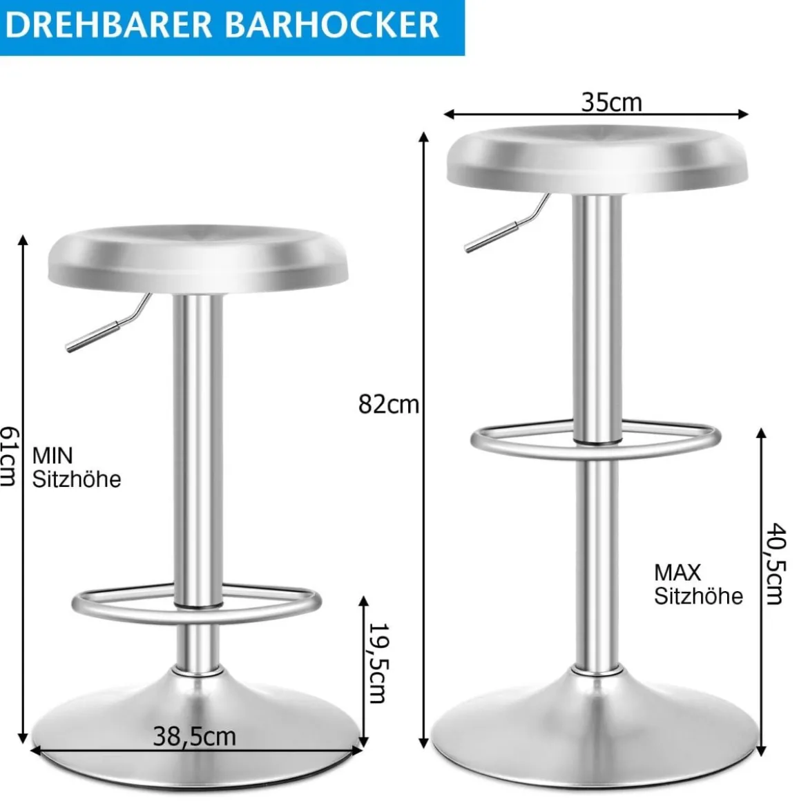 Höhenverstellbarer Barhocker aus Edelstahl mit Fußstütze 360° Drehbarer Barstuhl Silber