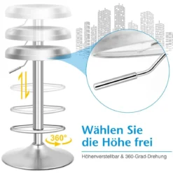 Höhenverstellbarer Barhocker aus Edelstahl mit Fußstütze 360° Drehbarer Barstuhl Silber