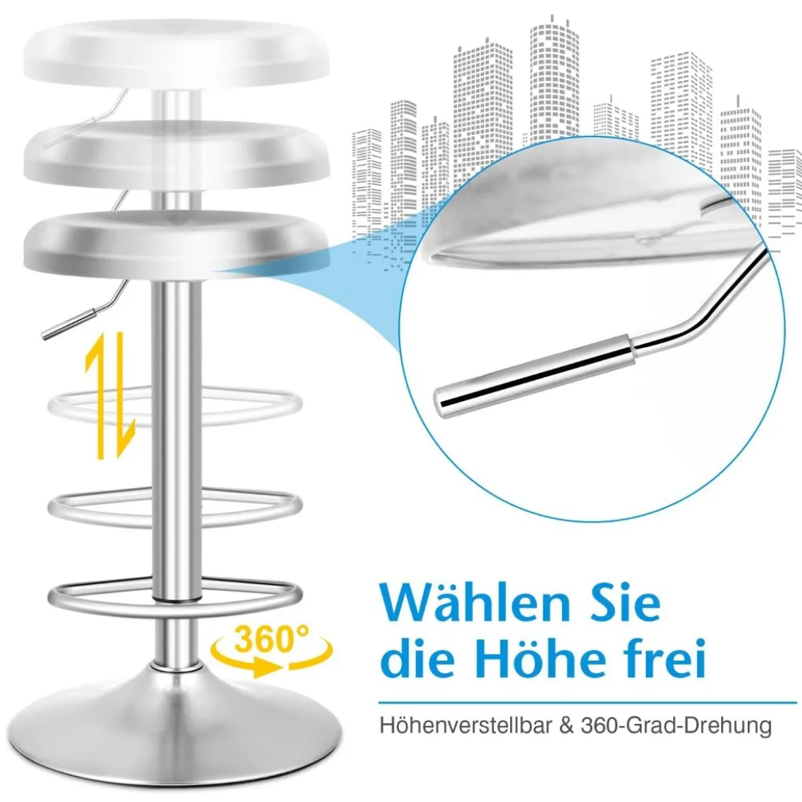 Höhenverstellbarer Barhocker aus Edelstahl mit Fußstütze 360° Drehbarer Barstuhl Silber