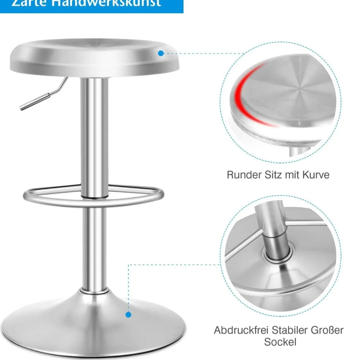 Höhenverstellbarer Barhocker aus Edelstahl mit Fußstütze 360° Drehbarer Barstuhl Silber