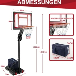 Höhenverstellbarer Basketballständer Basketballkorb mit Rollen 105-260 cm Schwarz